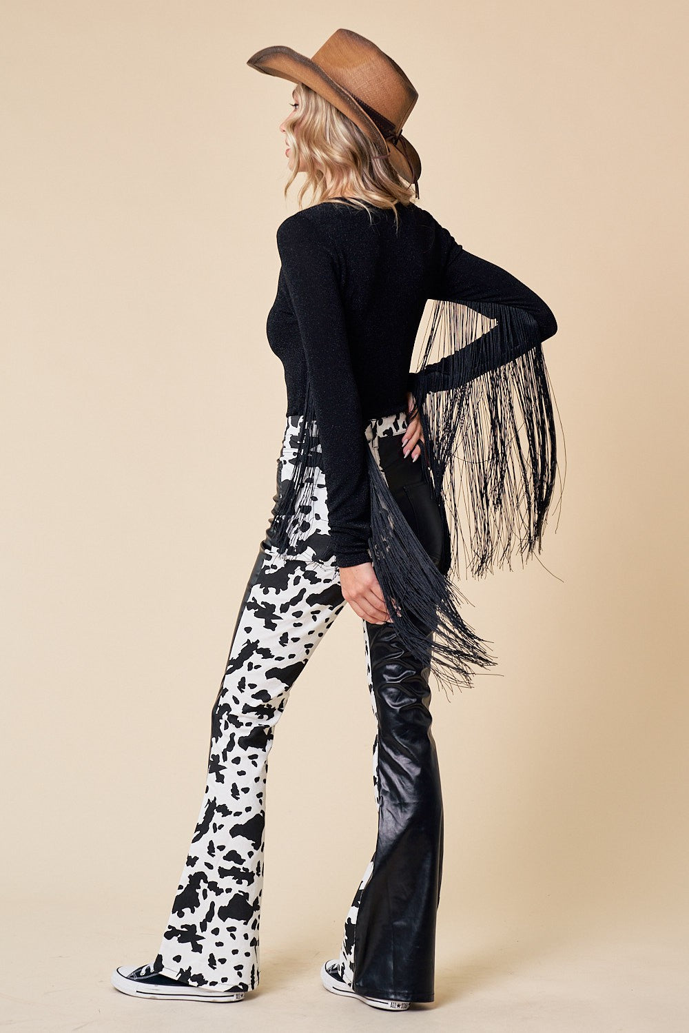 Tow-Toned Cow Print Leather/Denim Pants