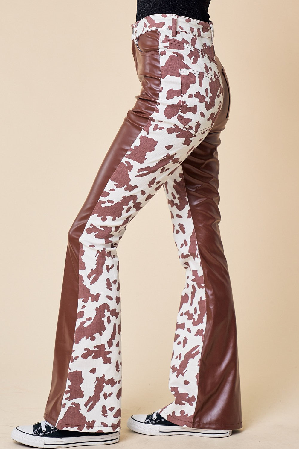 Tow-Toned Cow Print Leather/Denim Pants