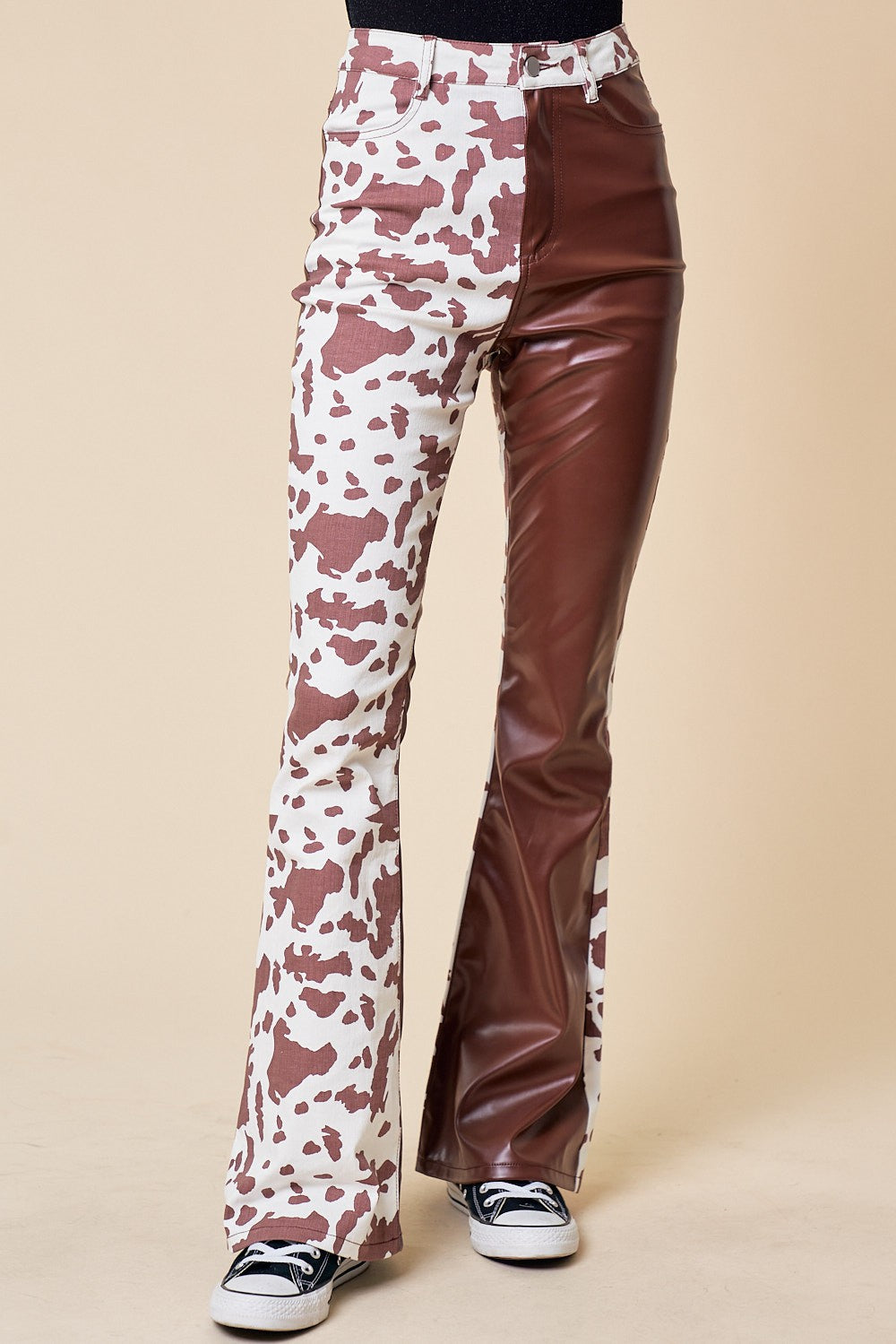 Tow-Toned Cow Print Leather/Denim Pants