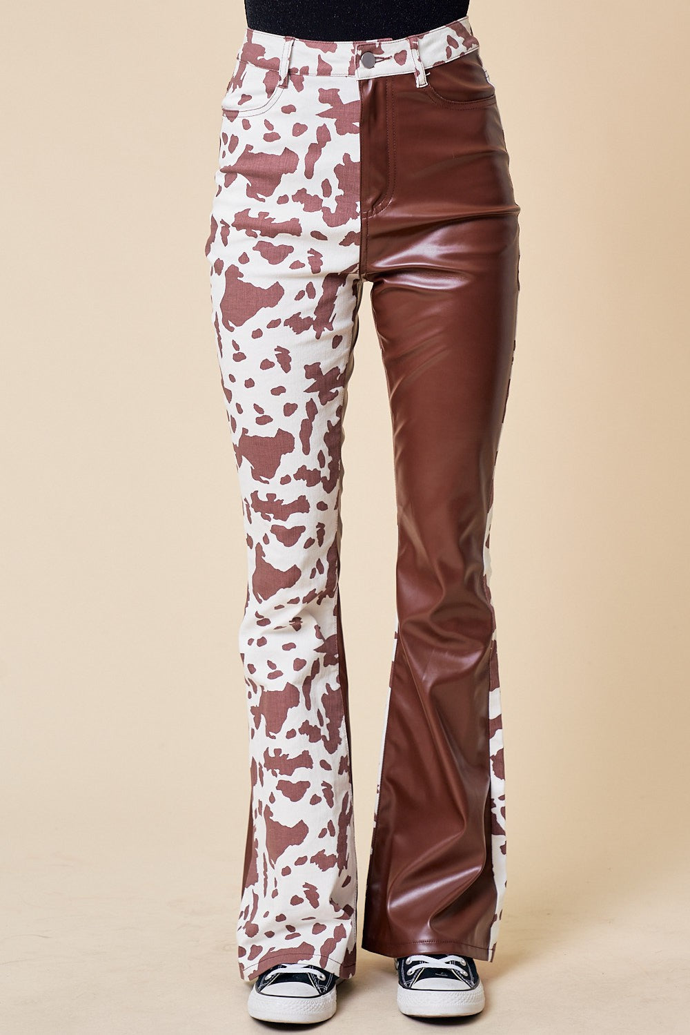 Tow-Toned Cow Print Leather/Denim Pants