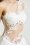 Flower Petal Embroidered Mesh Topped Ruffled Bottom White Maxi Tulle Dress