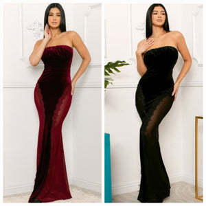 Velvet Paneled Lace & Sheer Mesh Maxi Dress