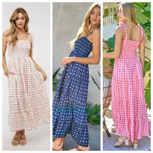 Shoulder Tied Smocked Ruffle Square Dot Printed Sundress