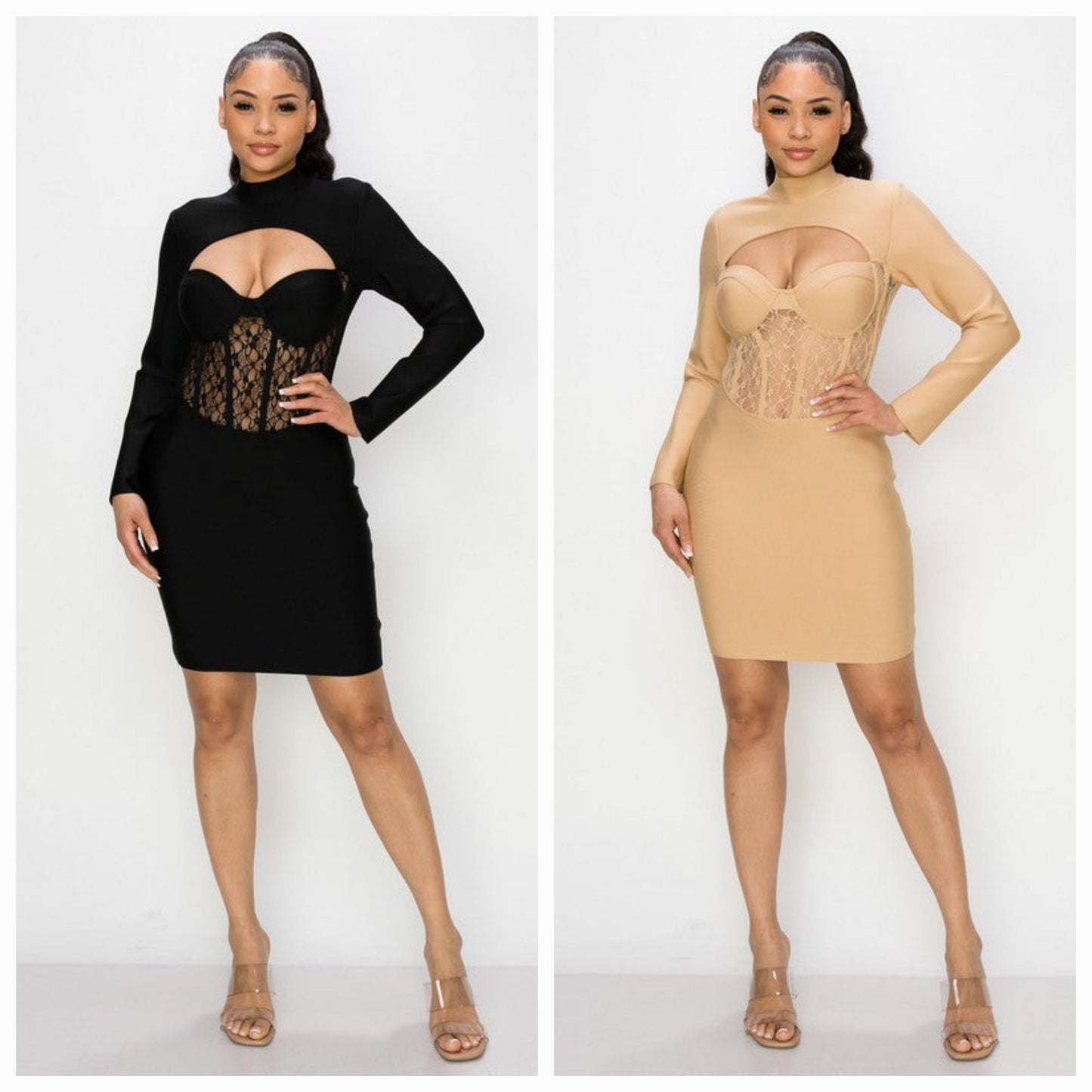 BUSTIER CUP LACED LONG SLEEVE MINI BANDAGE DRESS