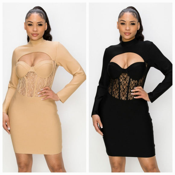 BUSTIER CUP LACED LONG SLEEVE MINI BANDAGE DRESS