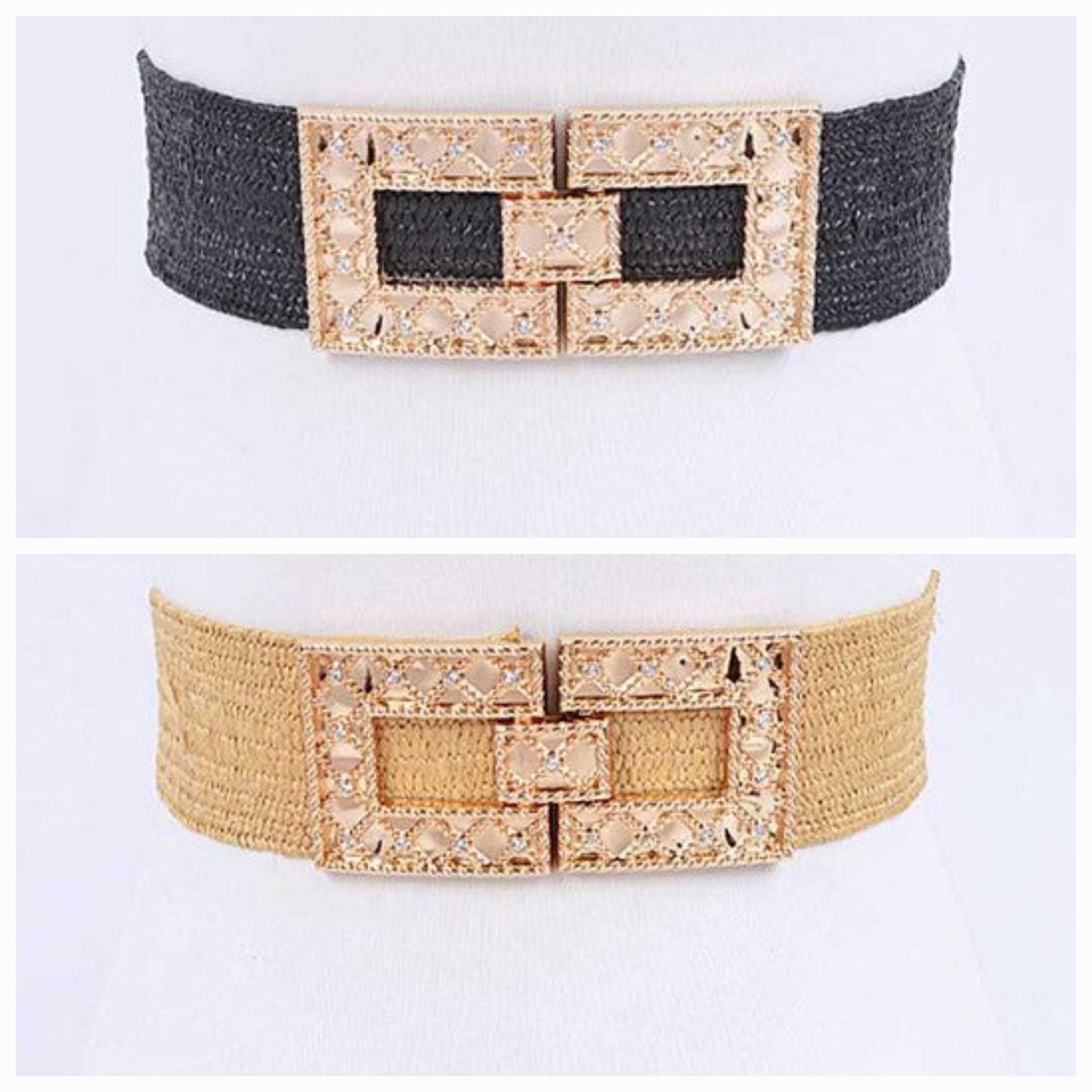 Plus Size Square Buckle Faux Straw Elastic Belt