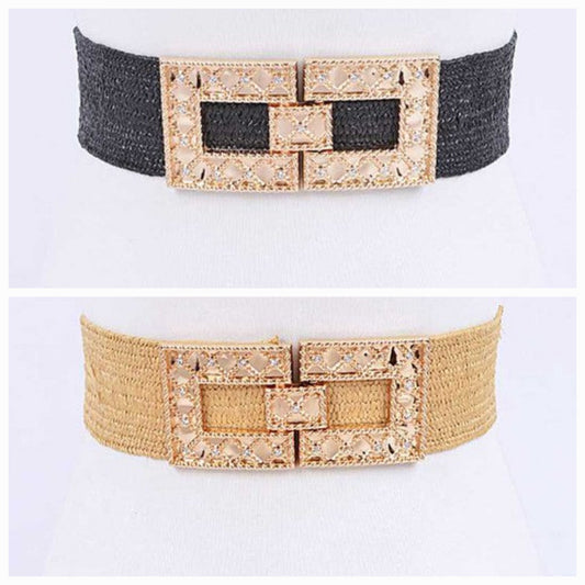 Plus Size Square Buckle Faux Straw Elastic Belt