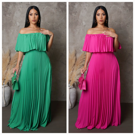 Off Shoulder Pleated Maxi Dress
