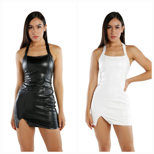 Halter Neck Faux Leather Bodycon Dress