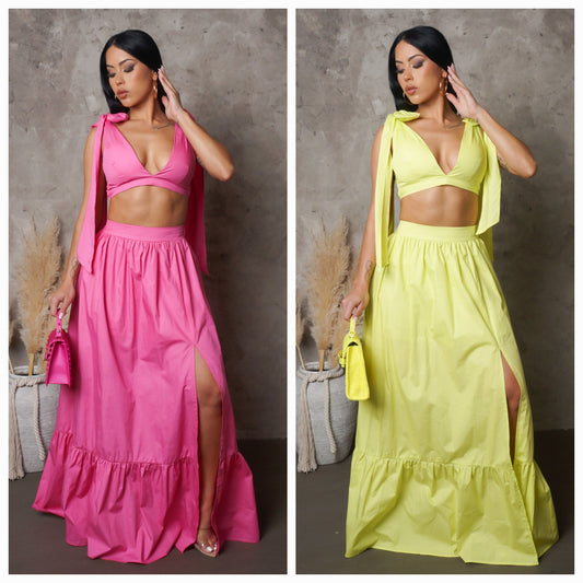 "Everlast" Maxi Skirt & Shoulder Tied Cropped Top Set