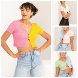 Color Block Cropped Short Sleeve Buttoned Cardigan