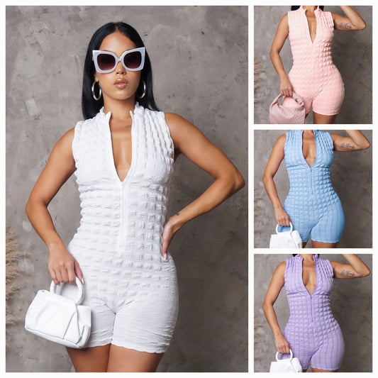 Popcorn Bubble Front Zippered Romper