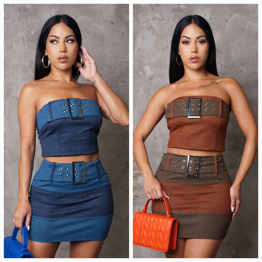 Buckled Up Denim Skirt Set