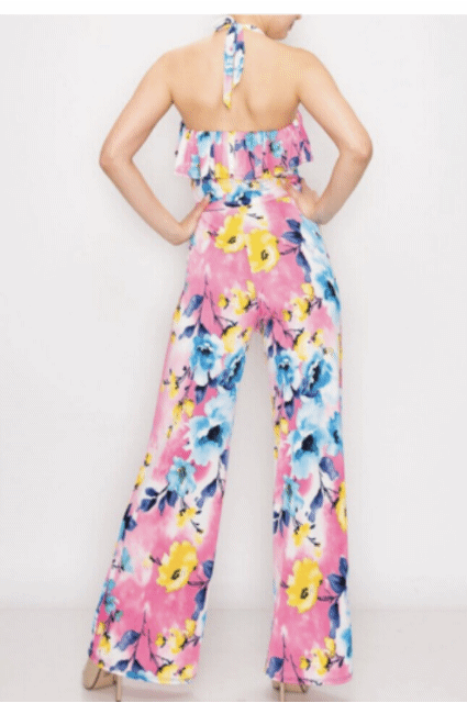 Wide Leg Halter Flower Jumpsuit