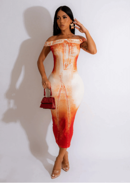 Bleached Color Midi Dress-Orange