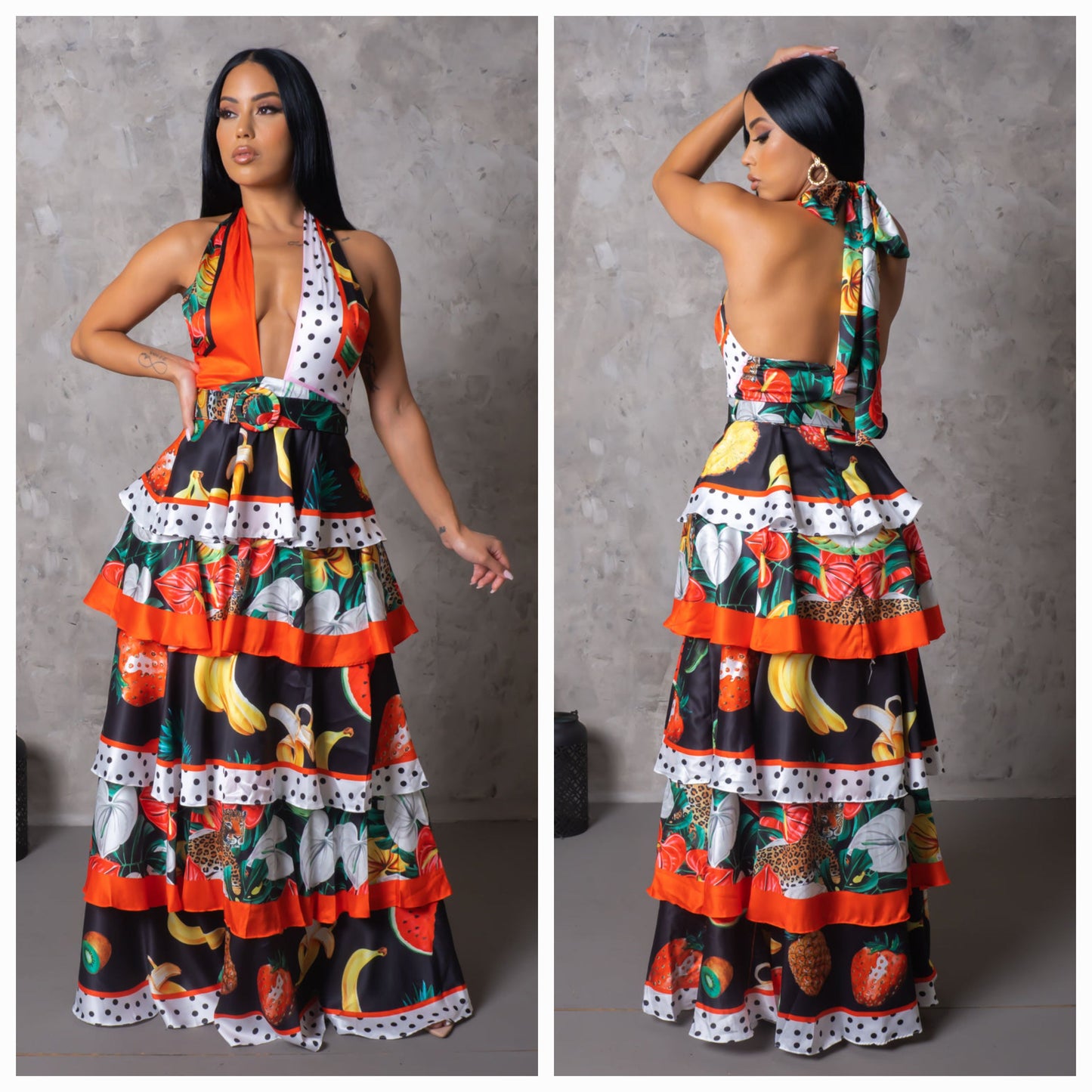 "Fruit Harvest" Tiered Halter Maxi Dress
