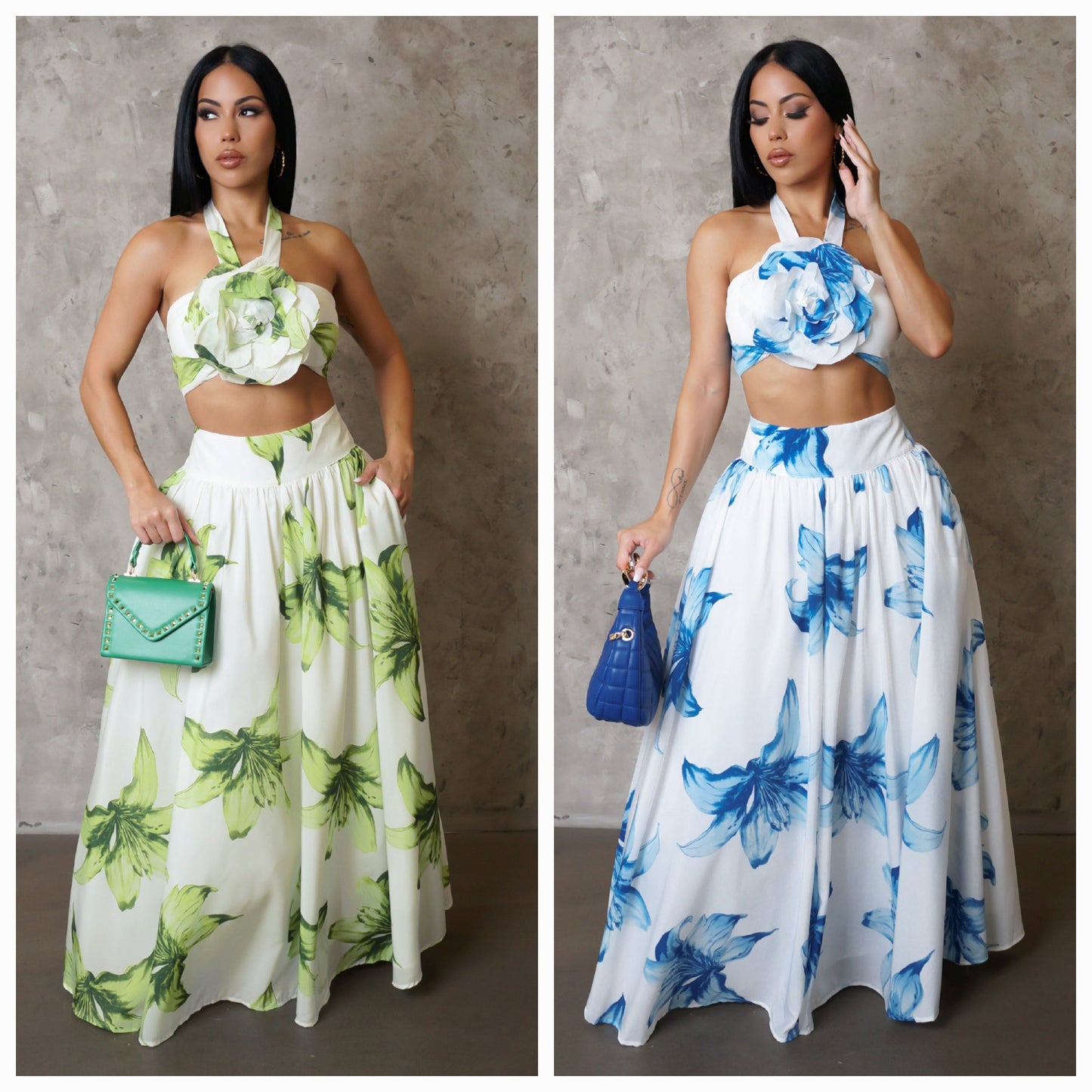Floral 3D Flower Top & Maxi Skirt Set