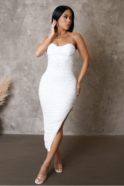 All Pearled Up Side Slit Ruched Midi Dress