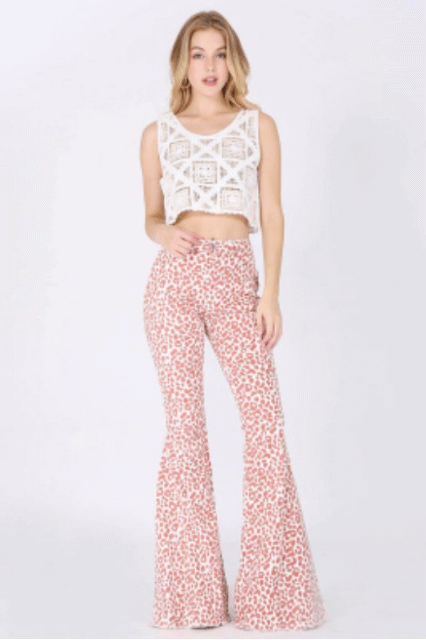 LEOPARD PRINT FLARED DENIM PANTS