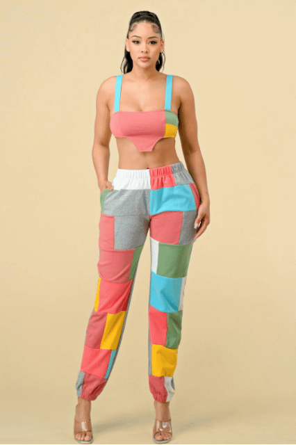 Color Block Patch French Terry Pants & Corset Cropped Top Set