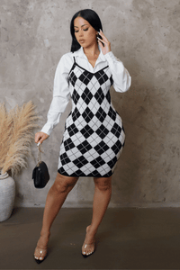 "Scholar" Long Sleeve Checkerboard Mini Dress