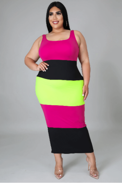 Plus Size Wide Striped Colorblock Midi Dress