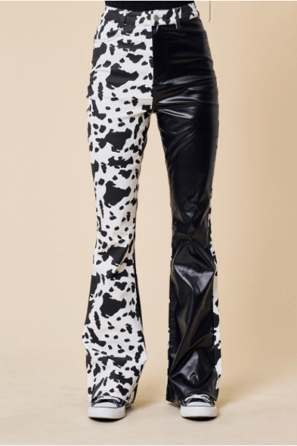 Tow-Toned Cow Print Leather/Denim Pants