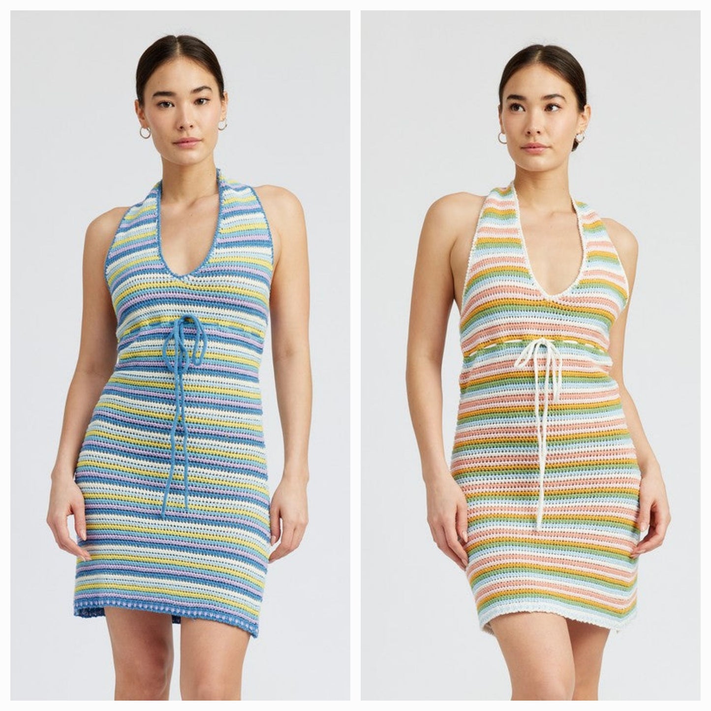 STRIPED CROCHET MINI DRESS WTIH HALTER NECK-2 COLORS