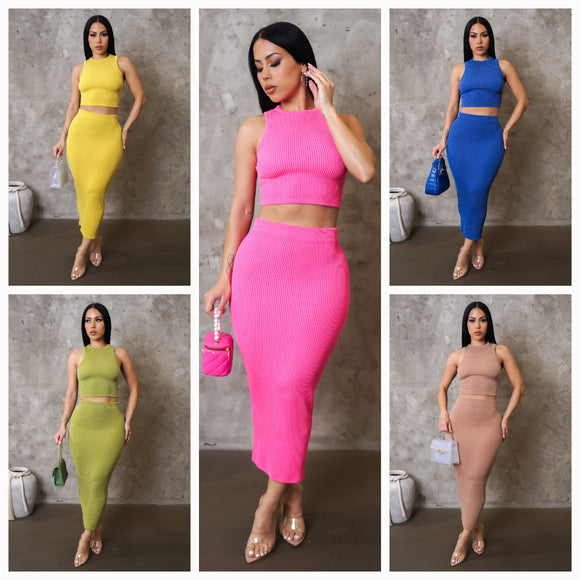 Solid Color Ribbed Midi Skirt & Top Set