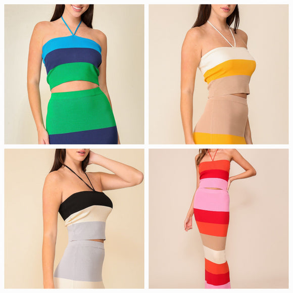 Vibrant Color Multi Striped Color Block Knit Halter Top- 4 Colors
