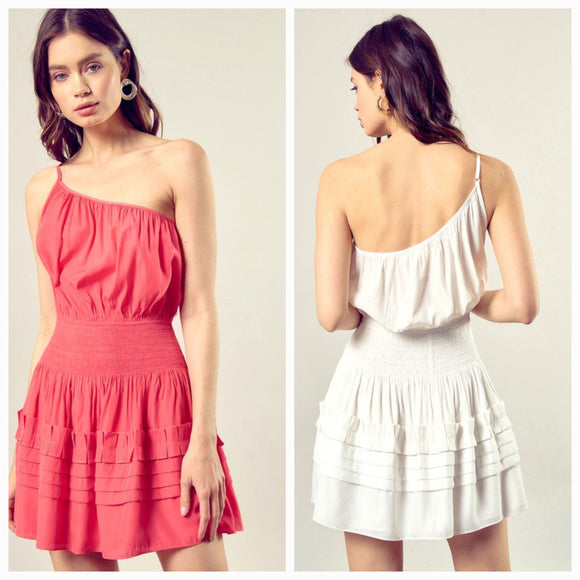 Pleated Detail One Shoulder Cami Dress-2 Colors