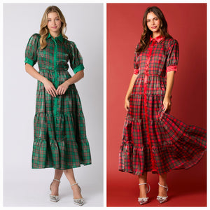 Christmas Plaid Print Silky Organza Midi Dress- PreOrder