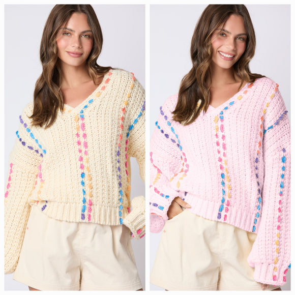 Multi Color Thread Stitching Detail V-Neck Sweater- PreOrder