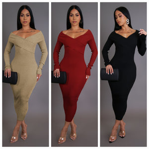 Off Shoulder Criss Cross Long Sleeve Midi Dress