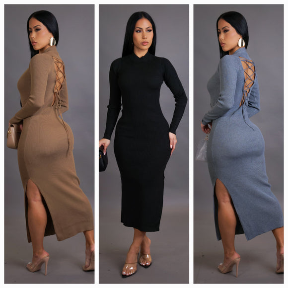 Laced Back Slit Side Midi Dress