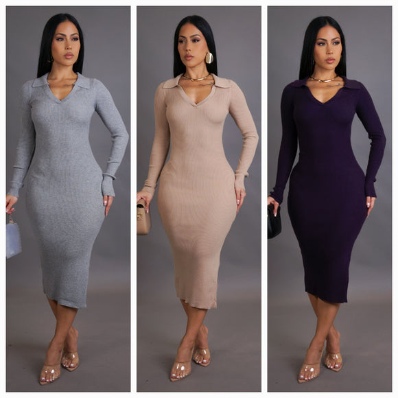 Collar Neck Slit Side Midi Dress