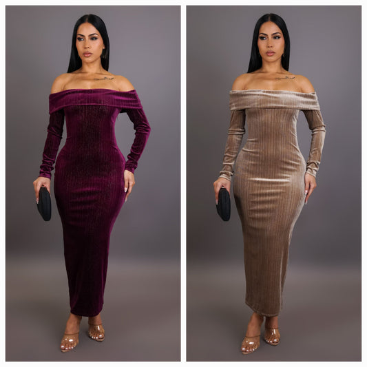 Shimmer Velvet Off Shoulder Dress
