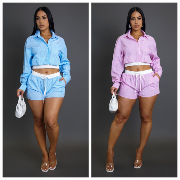 Striped Collared Cropped Long Sleeve Top & Shorts Set