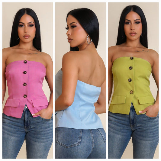 Sweetheart Buttoned Front Tube Cropped Blazer Top
