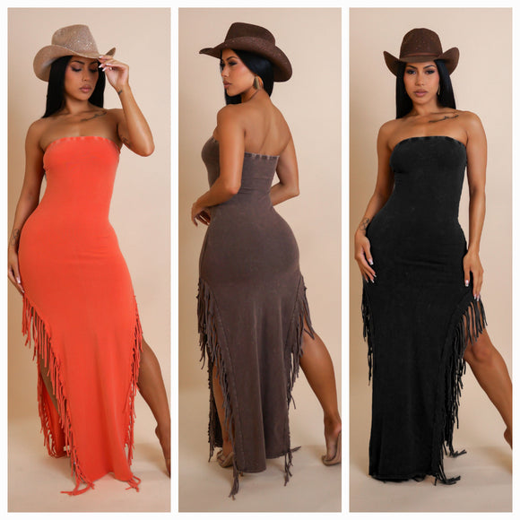 Cowboy Western Fringe Double Slit Tube Topped Maxi Dress