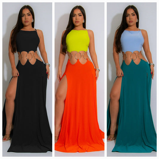 Ringed Open Back Slit Up Maxi Dress/Coverup Dress