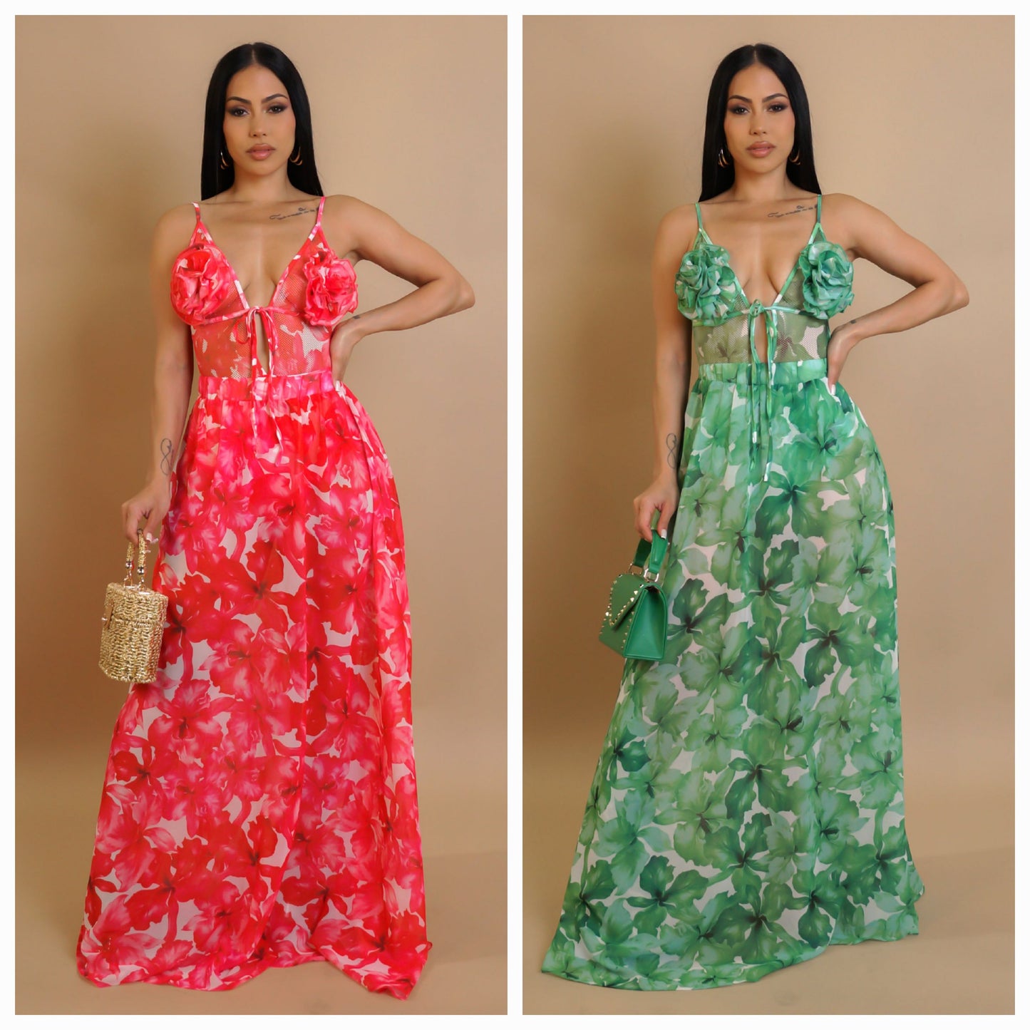 Valencia 3D Flower Bodysuit Top & Maxi Skirt Set