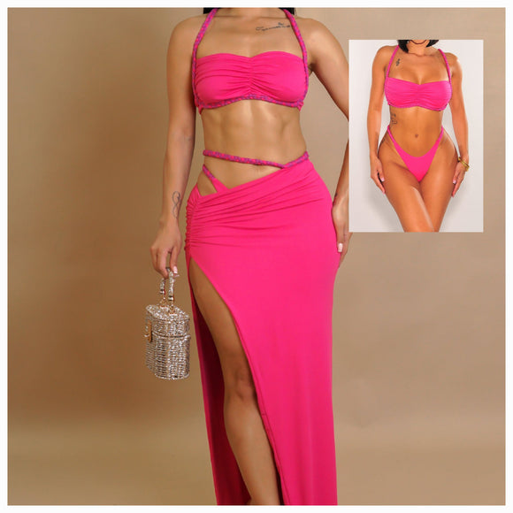 Roped Up Vacation Beach 3- Piece Bikini & Skirt Set- Pink
