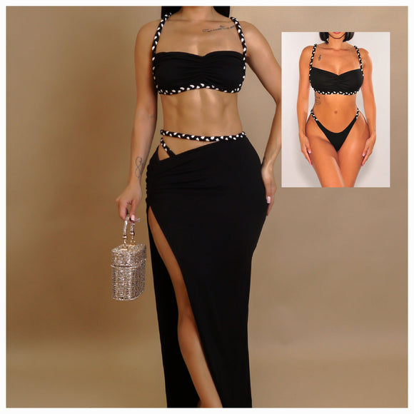Roped Up Vacation Beach 3- Piece Bikini & Skirt Set- Black