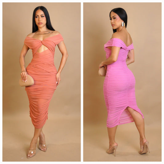 Ruched Me Off Shoulder Midi Dress- Coral /Pink