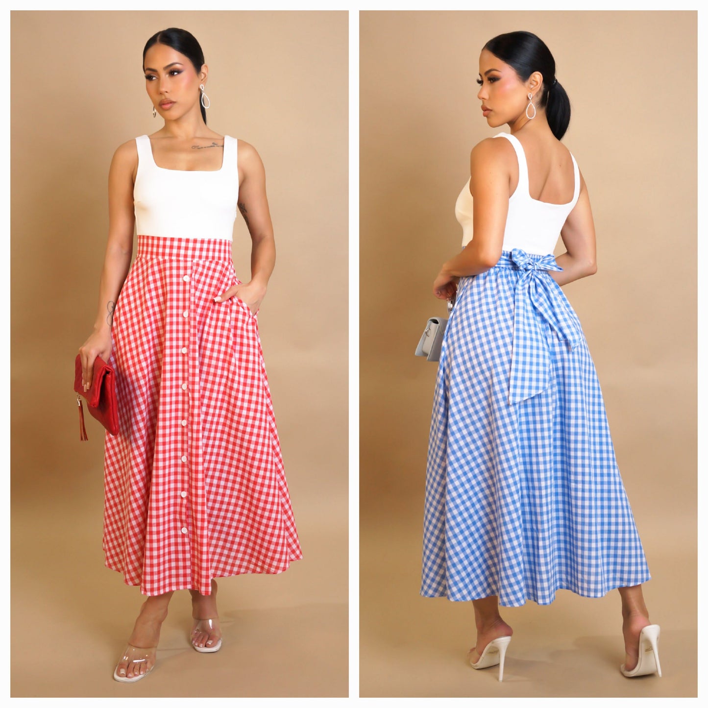 Vintage Look White & Plaid Flare Midi Dress- Red or Blue
