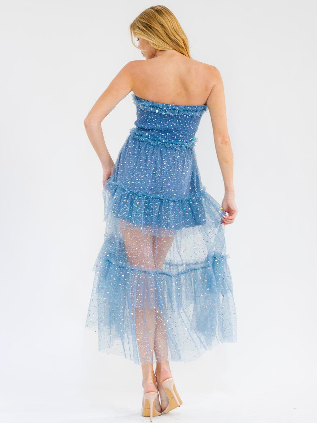 Women's Sleeveless Smock Tiered Ruffle Sequins Tube Maxi Dress- Blue