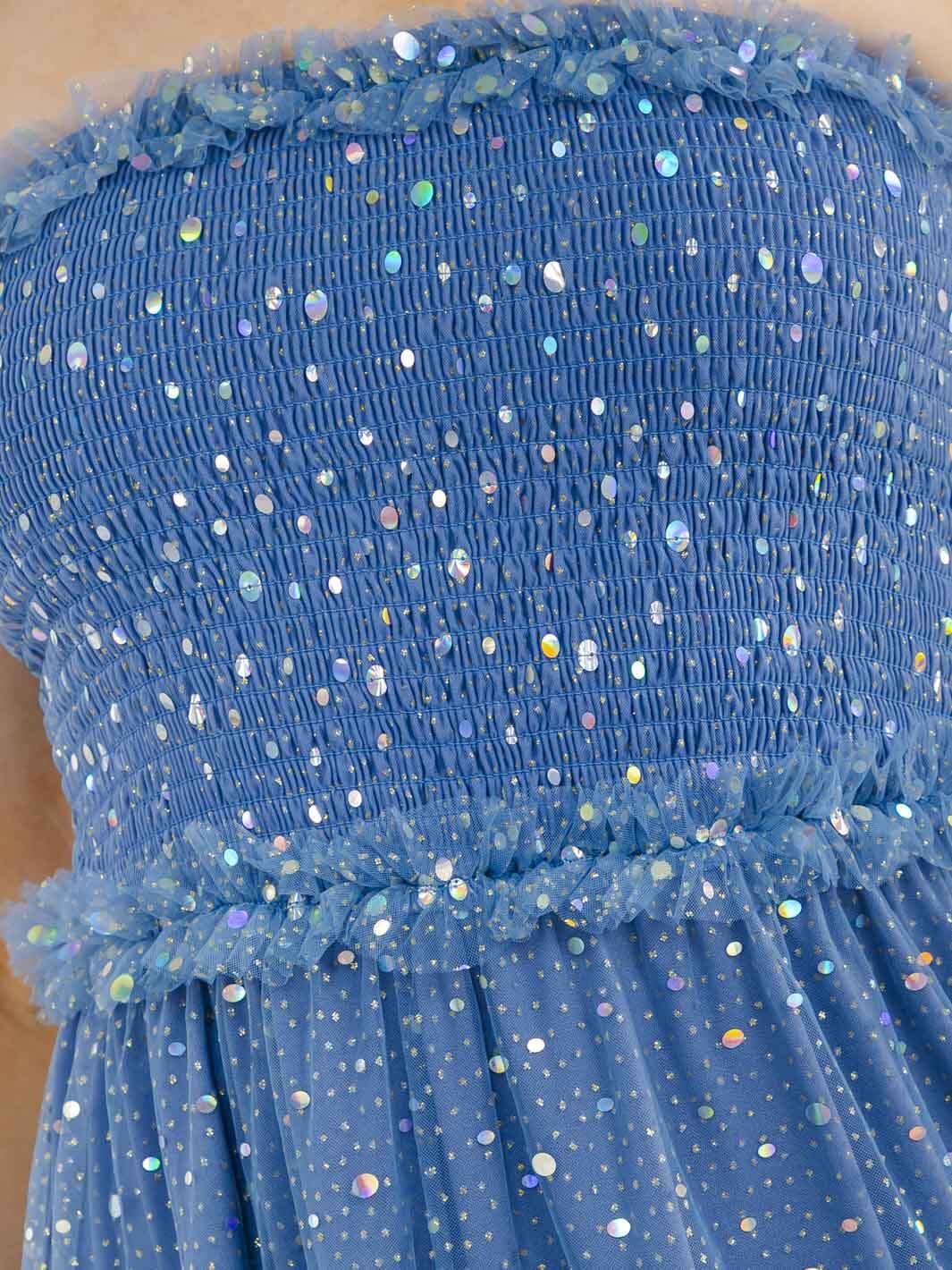 Women's Sleeveless Smock Tiered Ruffle Sequins Tube Maxi Dress- Blue