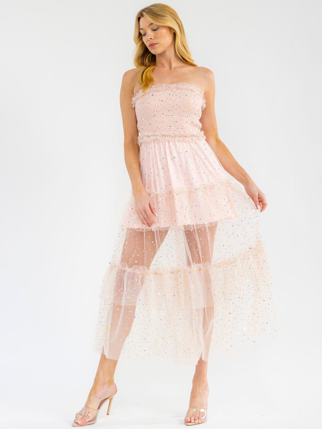 Women's Sleeveless Smock Tiered Ruffle Sequins Tube Maxi Dress- Pink