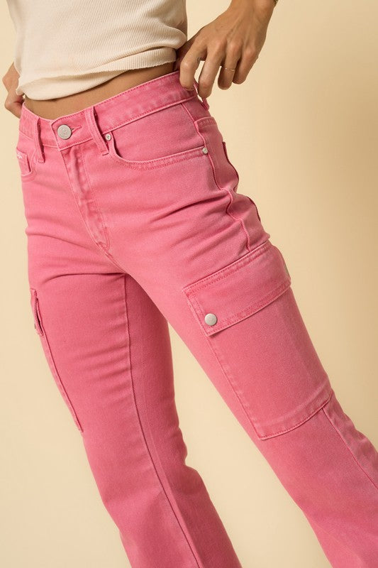 DUSTY PINK COLOR CARGO SLIM BOOT PANTS